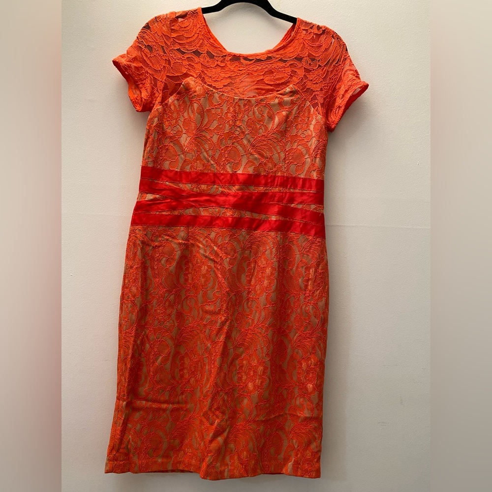 NWT CENIA New York Orange lace dress with nude lining and Ribbon details formal